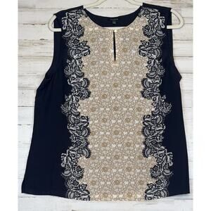 Talbots 100% Silk Sleeveless Blouse Top Womens 14 Black Beige Lace Print Keyhole